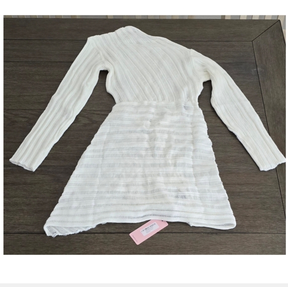 Asymmetrical Ripped Cut Out Knit Long Sleeve White Mini Dress, Size XL - Picture 11 of 16
